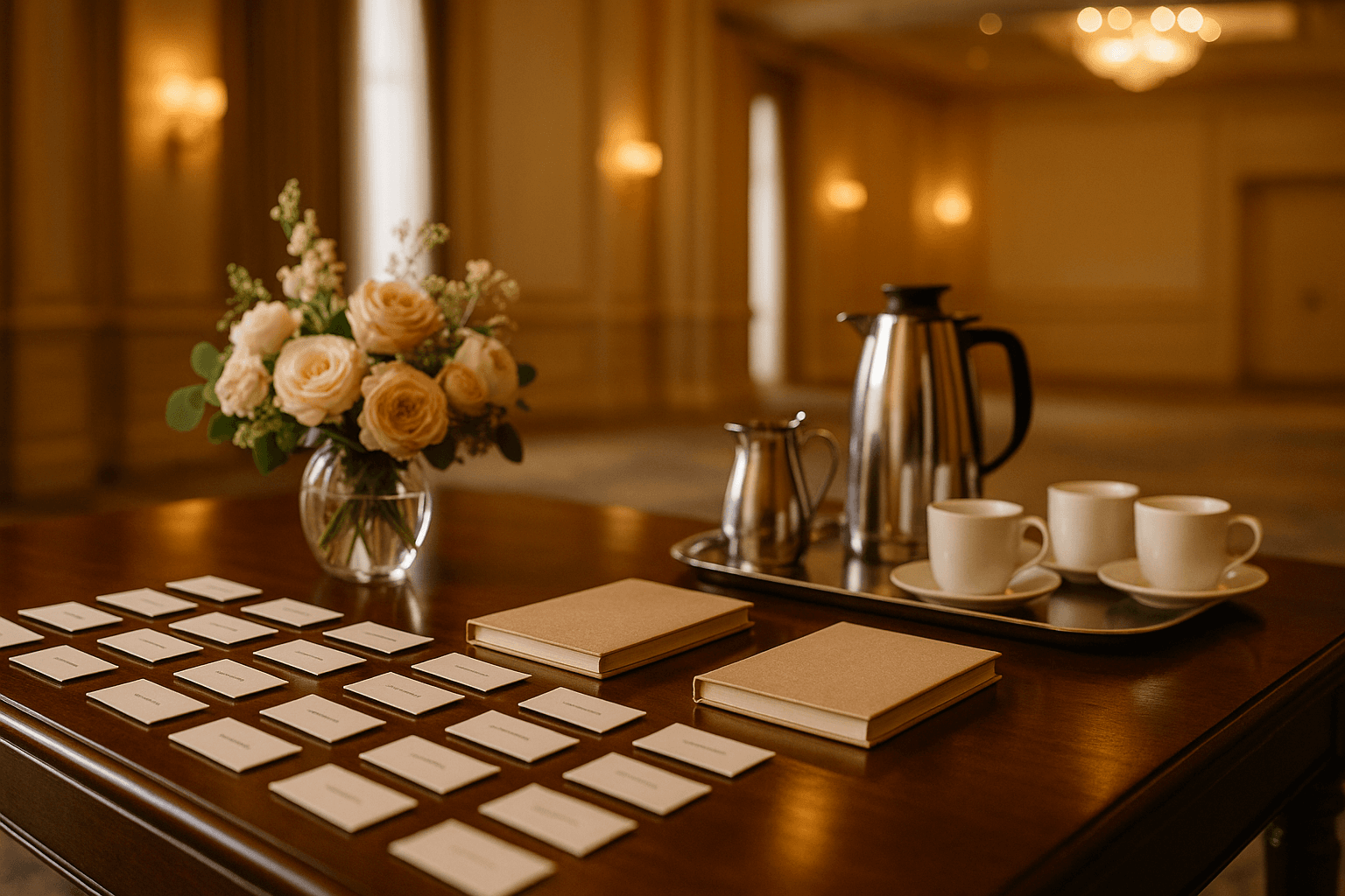 Charlotte corporate retreat welcome table with notebooks coffee service and floral details in an elegant hotel ballroom