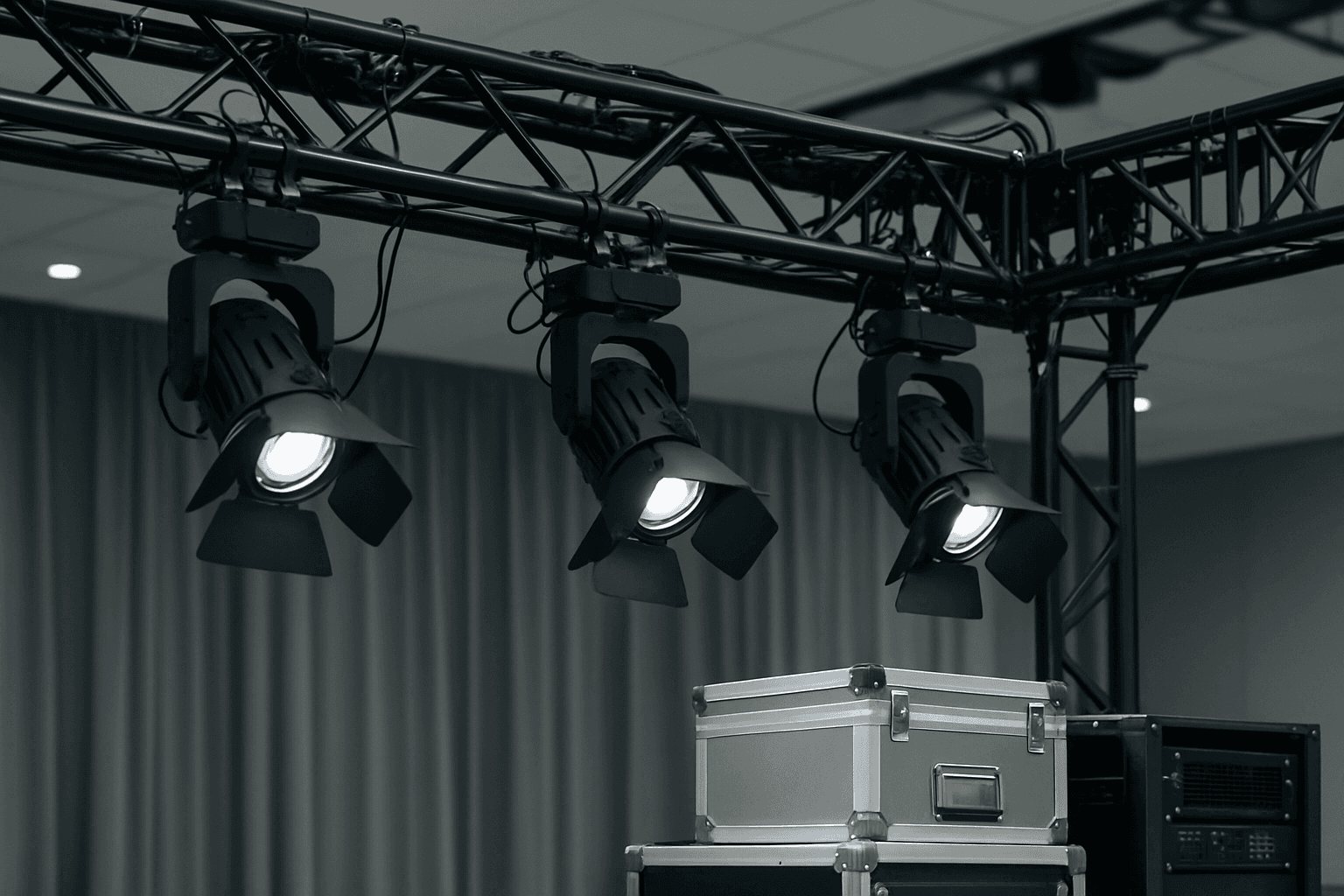 Modern meeting venue and hotel event space with planners reviewing setup details